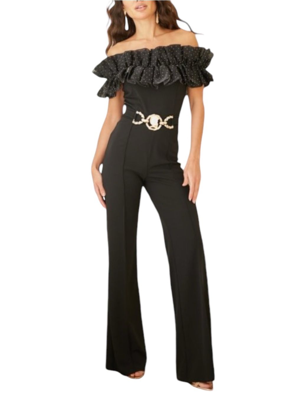 New Ladies Off-Shoulder Black Ruffle Belted Jumpsuit